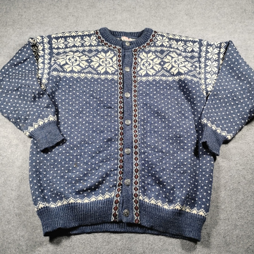 Dale of Norway Pure New Wool Nordic Cardigan Sweater Blue 2XL Pewter Buttons